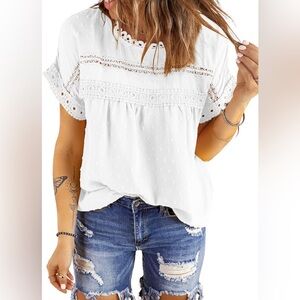 Dokotoo Summer Tops Crewneck Lace Crochet Short Sleeve Shirts Casual Chiffon XXL